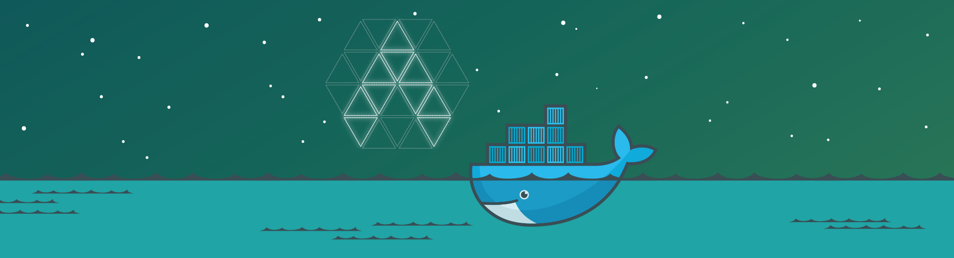 The Docker whale swimming at night with the Apache Aurora logo made up of stars