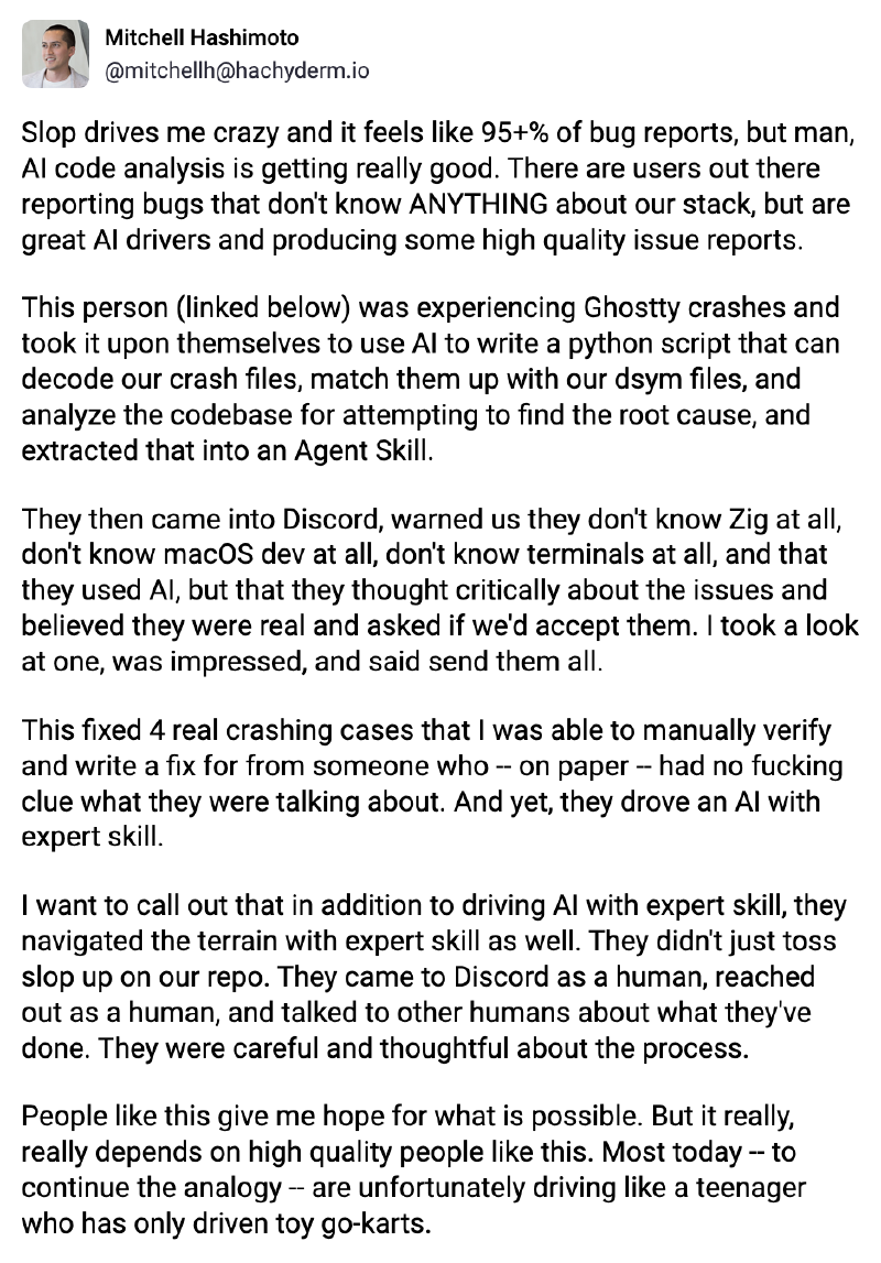 A social media post from Mitchell Hashimoto