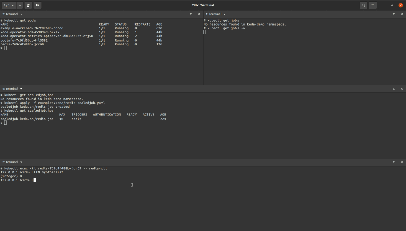 Animation showing a workload being scaled up when an item is added to a Redis list