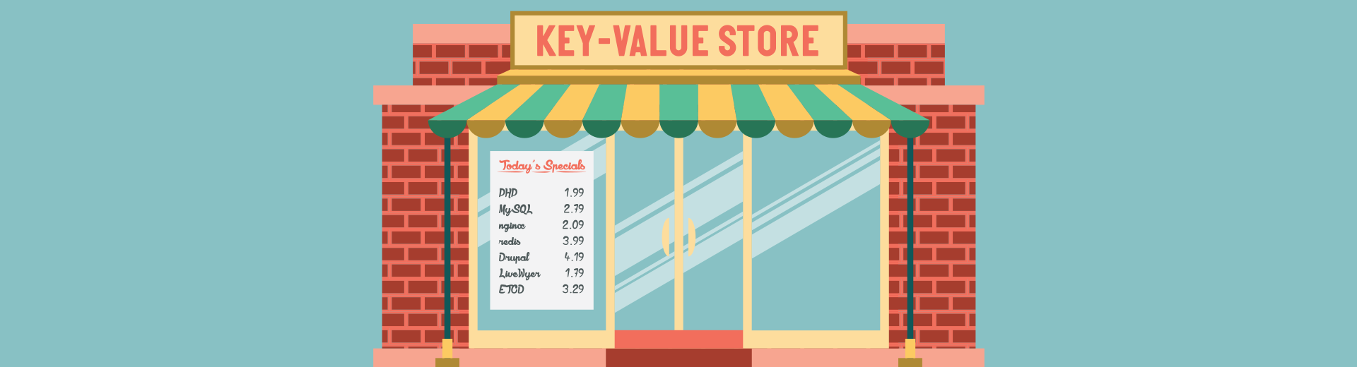 An illustration of a shopfront with the sign 'Key Value Store'