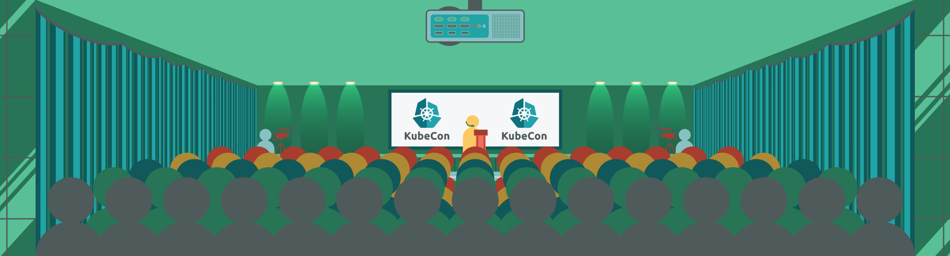 An illustration of a KubeCon keynote speech with a packed audience