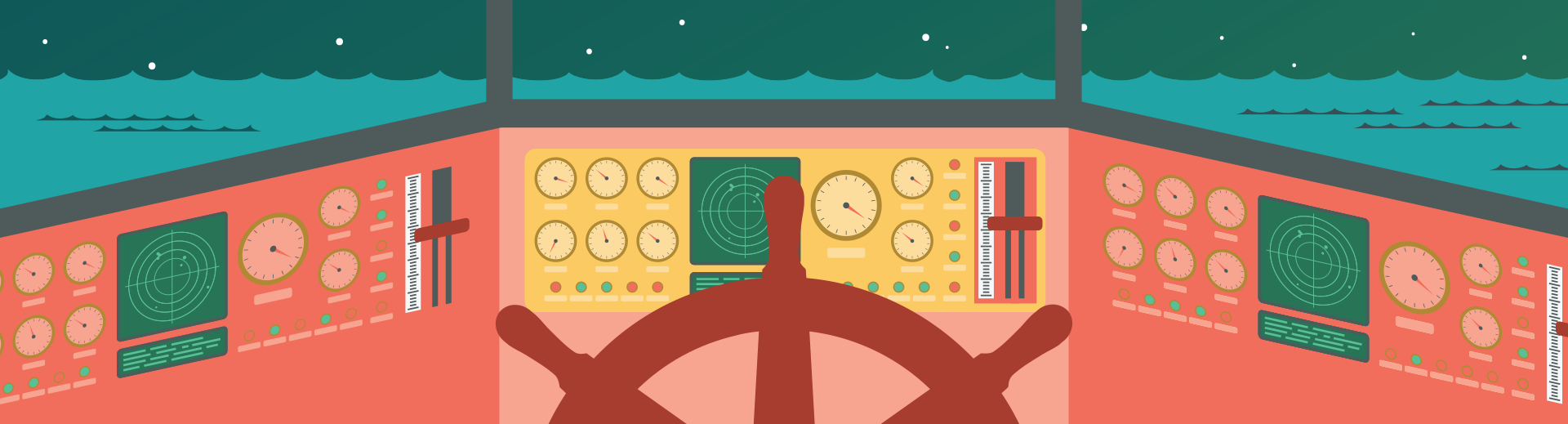 An illustration of the cockpit of a ship with various dials and buttons and the Kubernetes wheel in the foreground