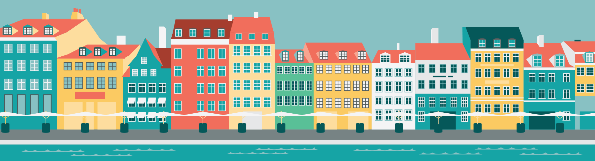 An illustration of the colorful houses on the Copenhagen waterfront