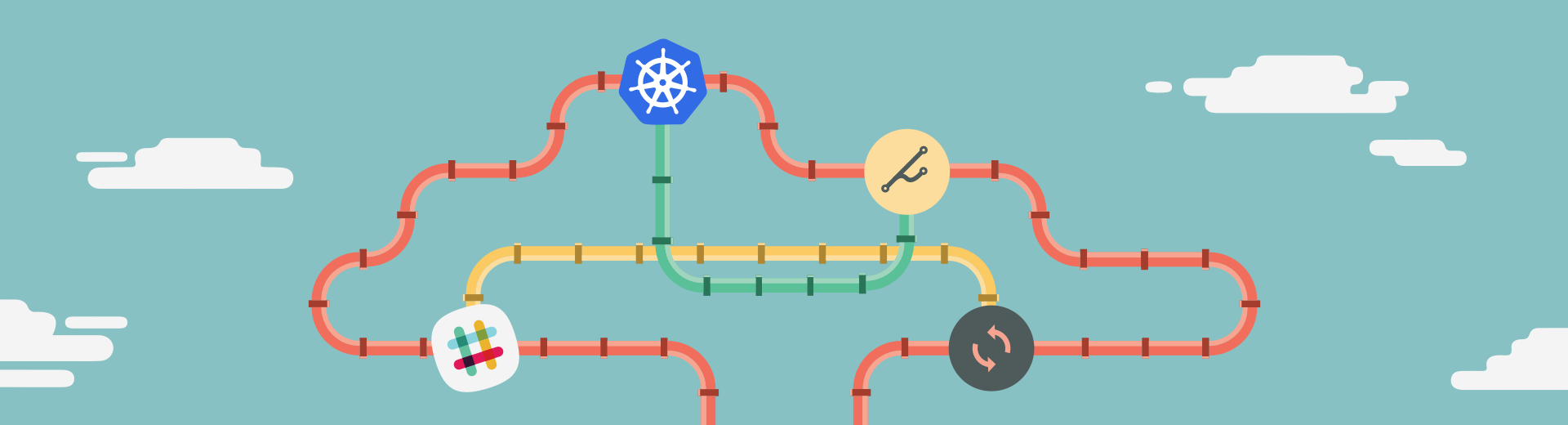 Some clouds and a series of intersecting pipes, with Kubernetes and other tech logos