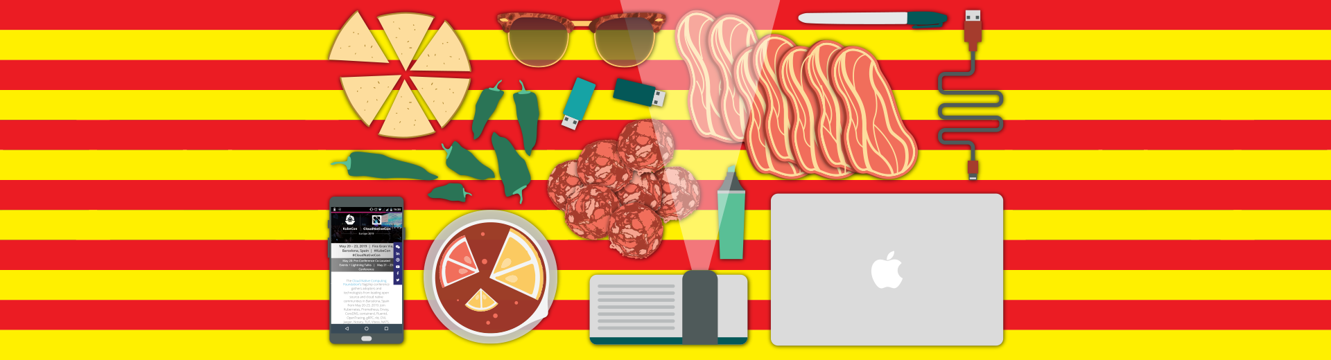Some spanish food and some tech items (laptop etc) arranged on a Catalan flag background