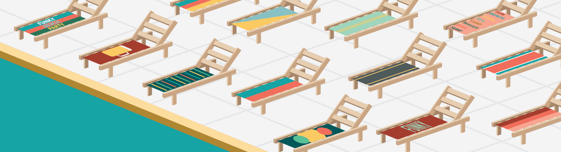 An asortment of deck chairs positioned in front of a pool, each with a towel on top 'reserving' it