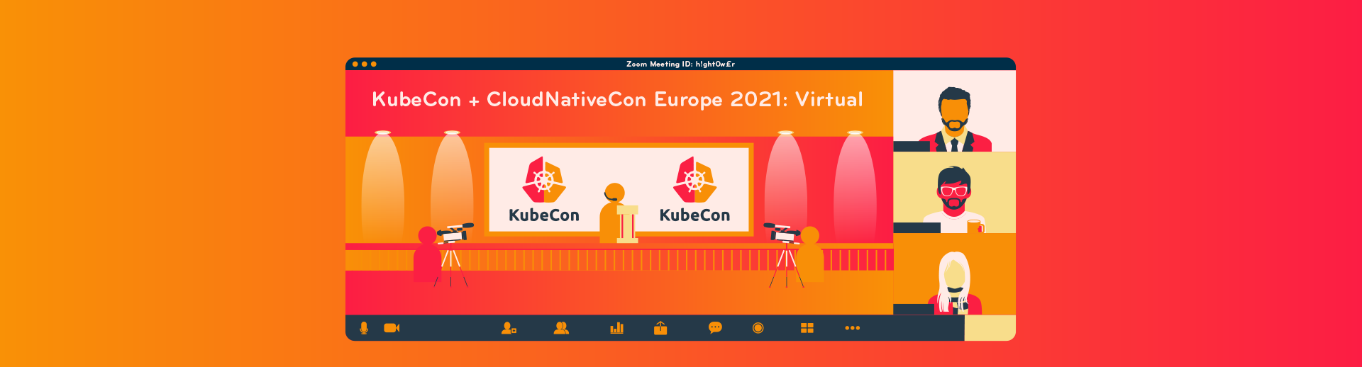 An illustration of a Zoom call where the main screen is showing a Keynote speech at KubeCon