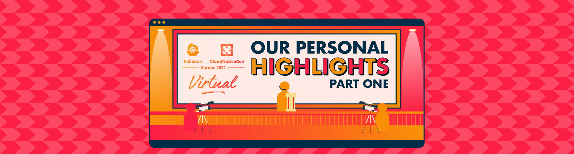 A speaker giving a presentation with KubeCon branding and the title 'Our Personal Highlights: Part One'