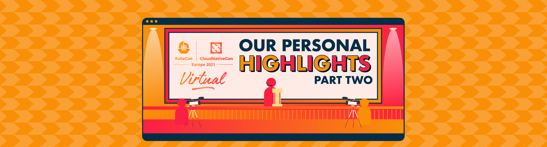 A speaker giving a presentation with KubeCon branding and the title 'Our Personal Highlights: Part Two'