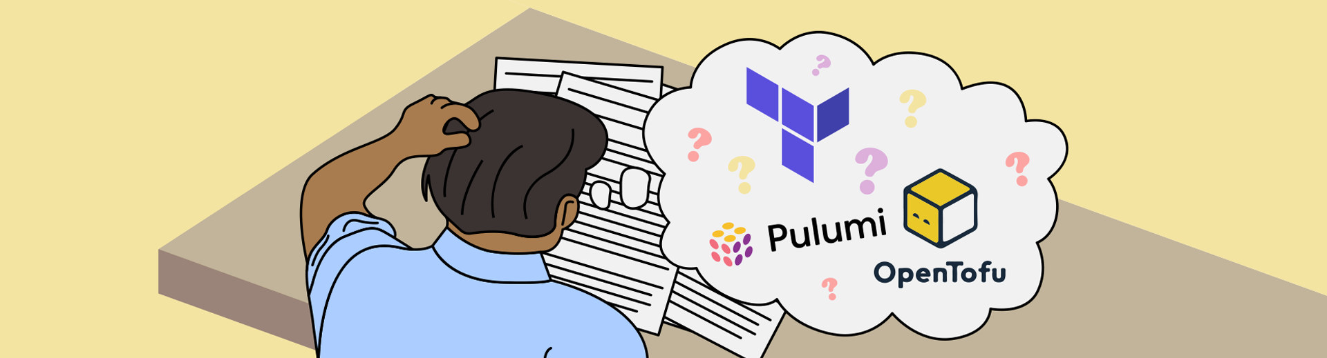 A man scratches his head while looking at documents, a thought bubble shows the Terraform, OpenTofu and Pulumi logos